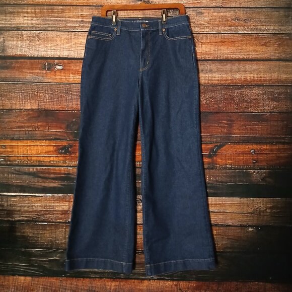 Lands End Jeans Size 14 Recover Wide Leg High Rise Dark Blue Denim Stretch - Picture 2 of 11